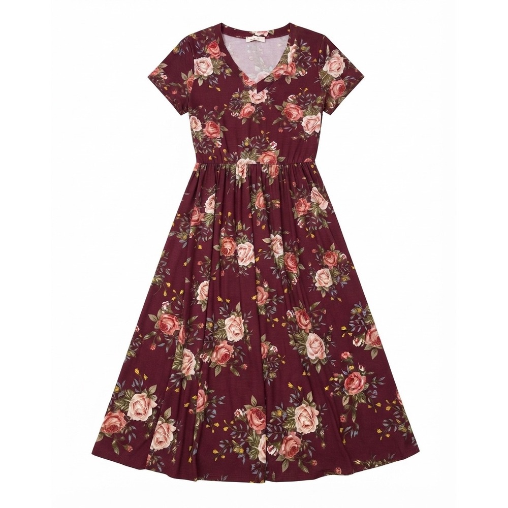 Reb & J. Women Burgundy Floral V-Neck Short Sleeve Midi Dress Size Small